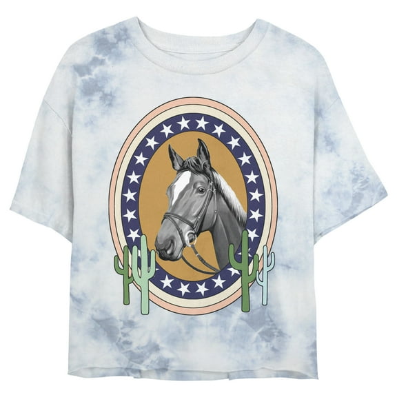 Junior's Lost Gods Western Horse Star Frame Portrait Graphic Crop T-Shirt White/Blue Large