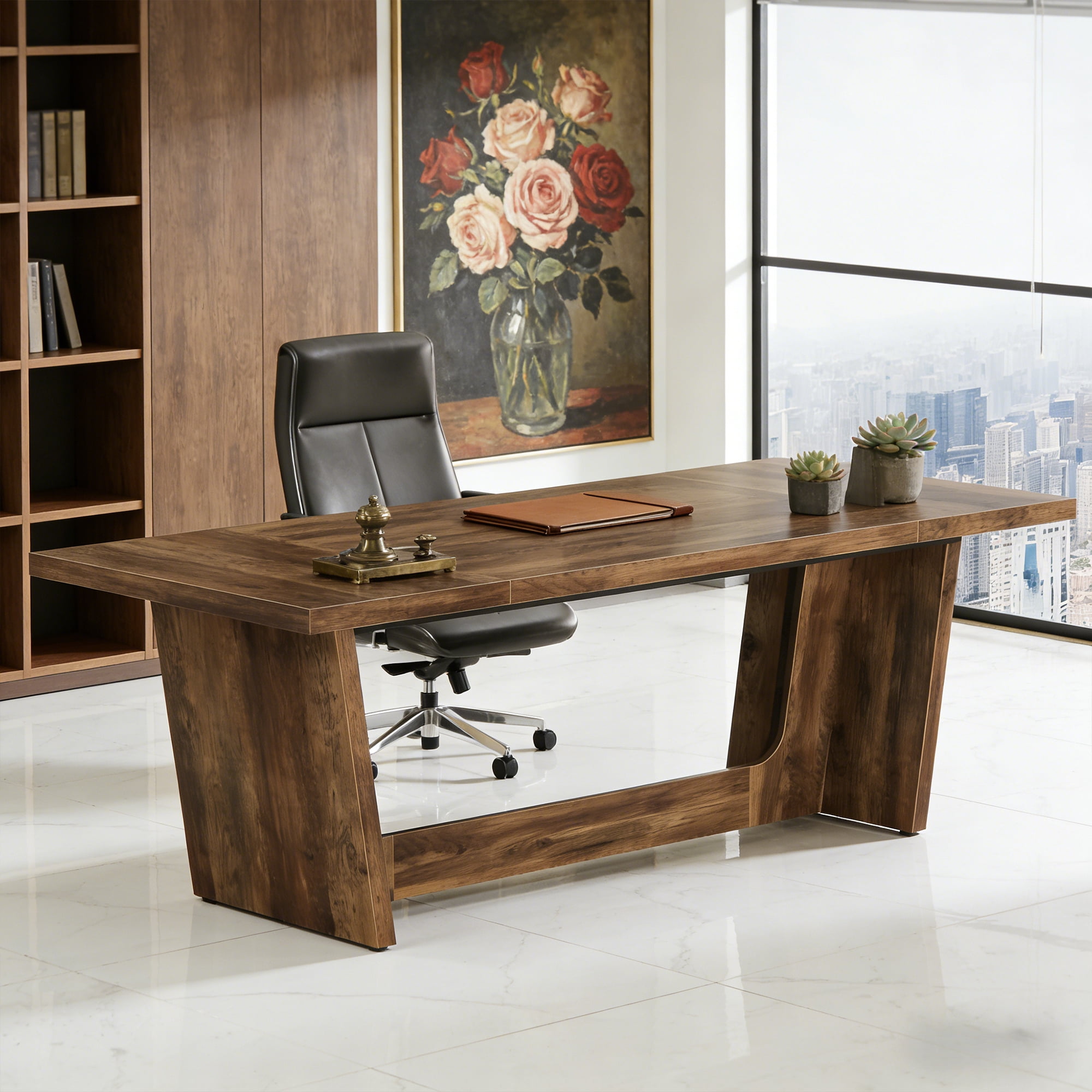 70.87-Inch Executive Computer Desk, Large Home Office Desk With Solid Wooden Pedestal, Industrial Wooden Study Writing Table, Heavy-Duty 330LBS Workstation, Rustic Brown Business Furniture