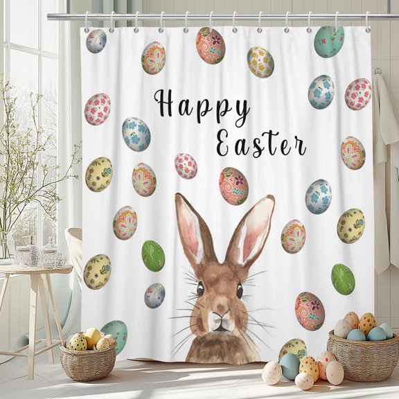 Happy Easter Shower Curtain,Spring Easter Bunny Waterproof Fabric Bathroom Curtain with Hooks,72x72 in