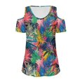 thumbnail image 6 of POLERO Colorful Palm Leaves Print Womens Cold Shoulder Summer Trendy Top Short Sleeve Shirt Sexy V Neck Blouse Casual Tee Basic Tshirt Vacation Beach Tunic Soft Lightweight L, 6 of 8