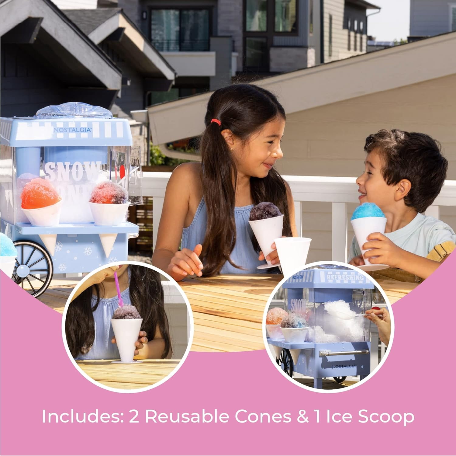 Nostalgia Snow Cone Maker Tabletop Shaved Ice Machine with 2 Reusable Cones & Ice Scoop, Blue