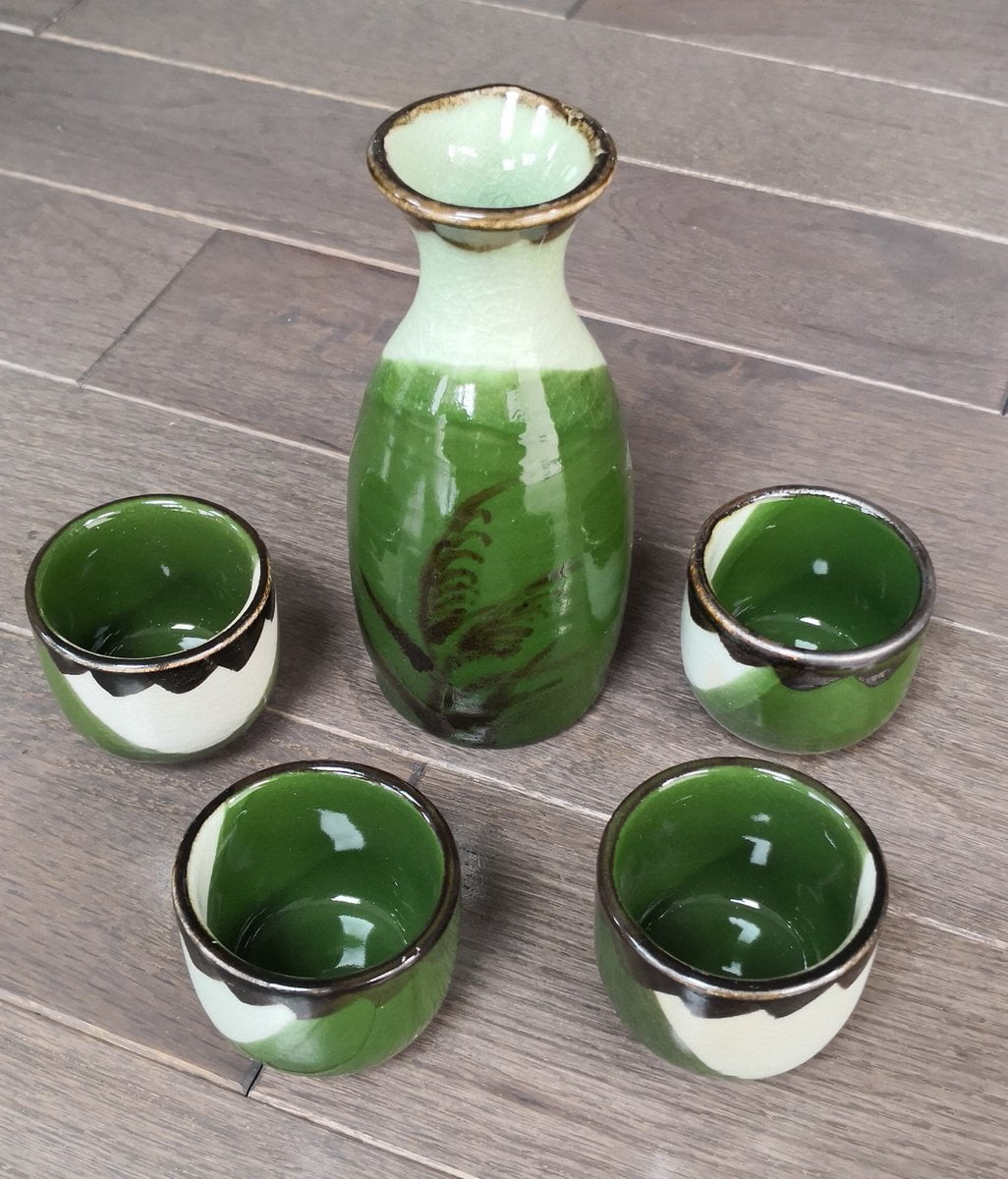 Glazed Ceramic 5 Pcs Japanese Sake Set Green Bamboo Design Walmart