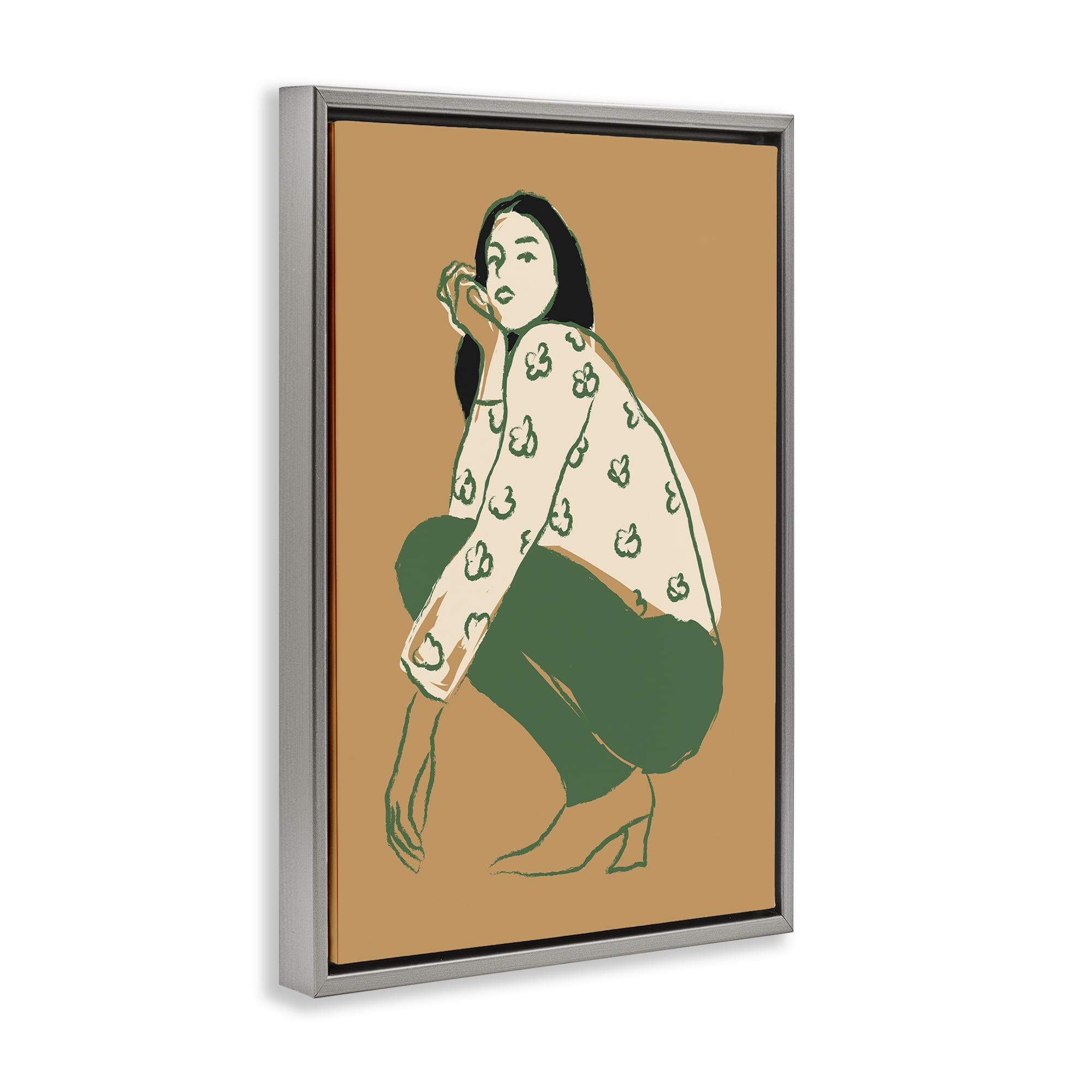Stupell Industries Fashion Girl Kneeling Novelty Painting Gray Floater Framed Art Print Wall Art, 21 x 31