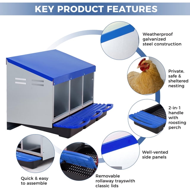 EDTara Metal Chicken Nesting Box Provides Sturdy Galvanized Steel Build and a Convenient Removable Roll-Out Tray, Ensuring Easy Egg Gathering and Cleaning for Backyard or Farm Poultry Setups