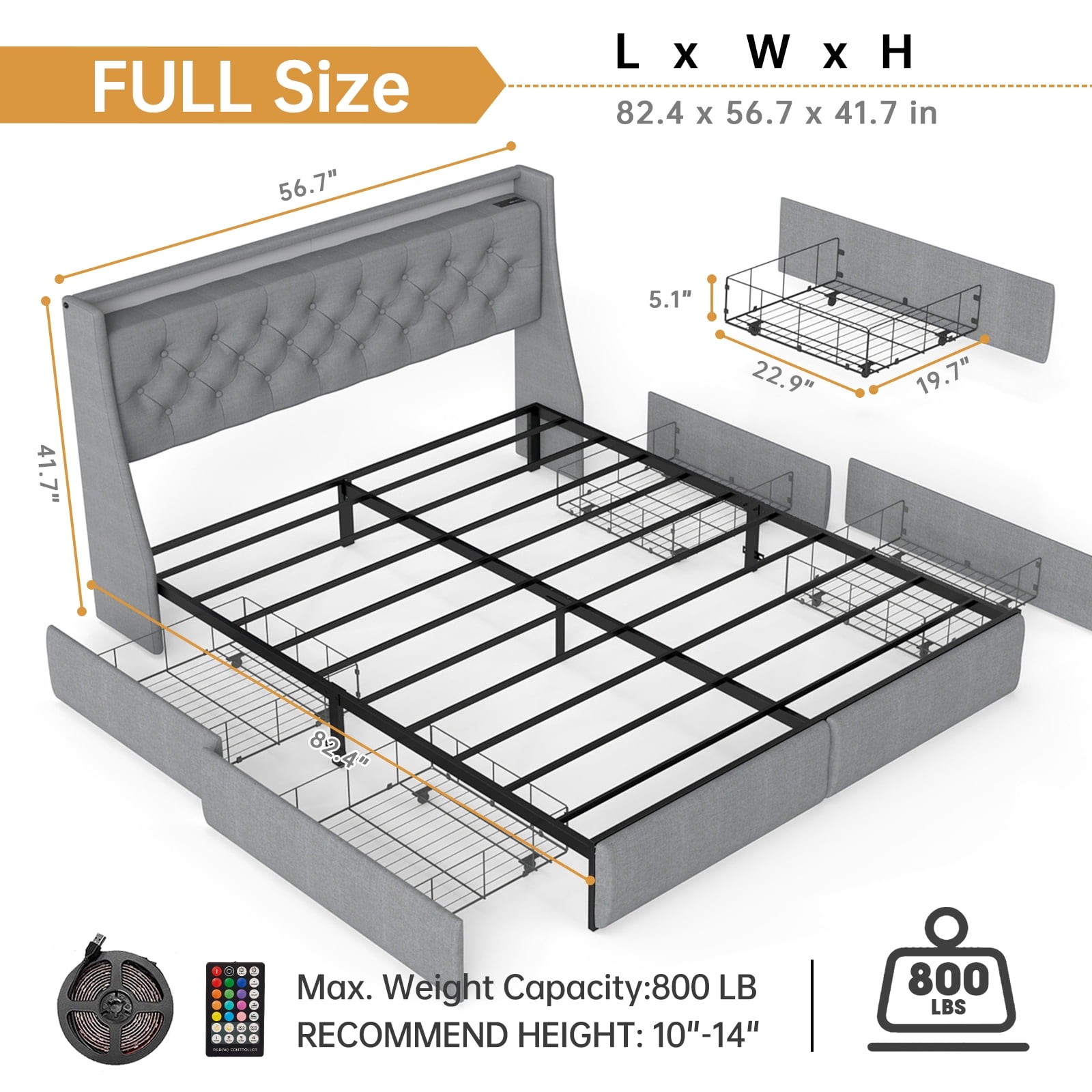 Mintazer Full Size Tufted Upholstered Storage Bed Frame with LED Light & Charging Station, Platform Bed Frame with 4 Drawers, No Box Spring Required, Grey