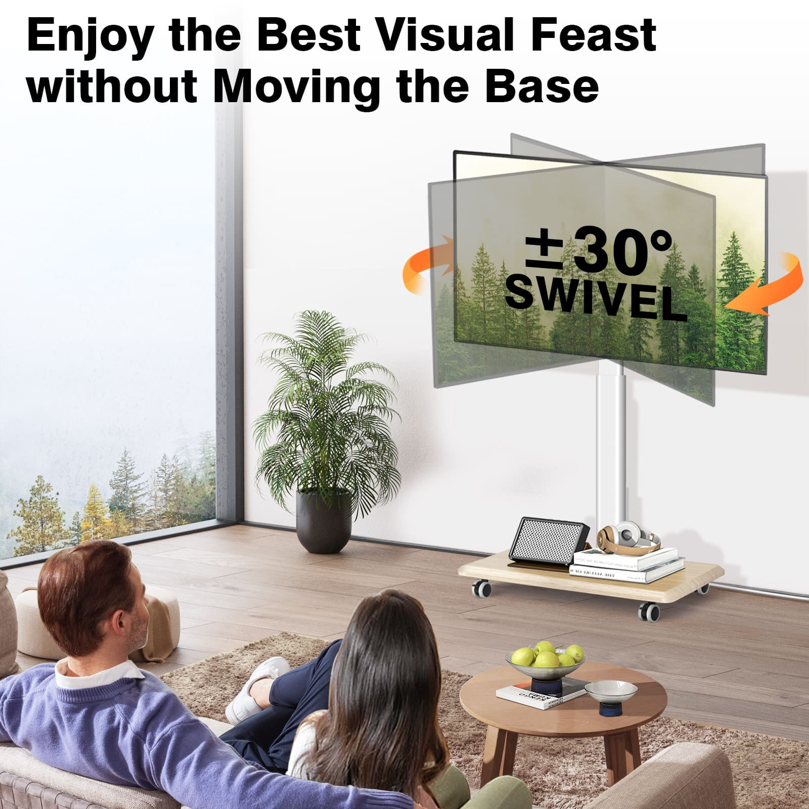 RTVR Mobile Rolling TV Stand on Wheels & Power Outlet for 32-70 inch Screens, Adjustable Indoor Outdoor TV Mount Stand with Wooden Base, White