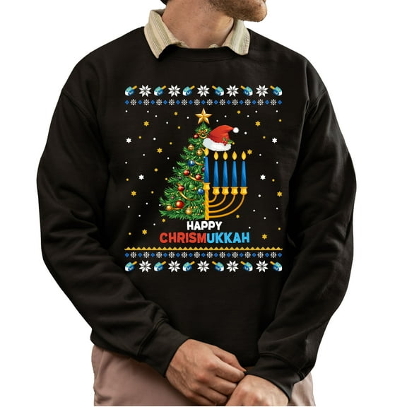 Christmas Sweatshirt, Happy Chrismukkah Ugly Sweater Holiday Sweatshirt, Unique Hanukkah & Christmas Sweatshirt, Witty Menorah & Tree Gift for Women & Men