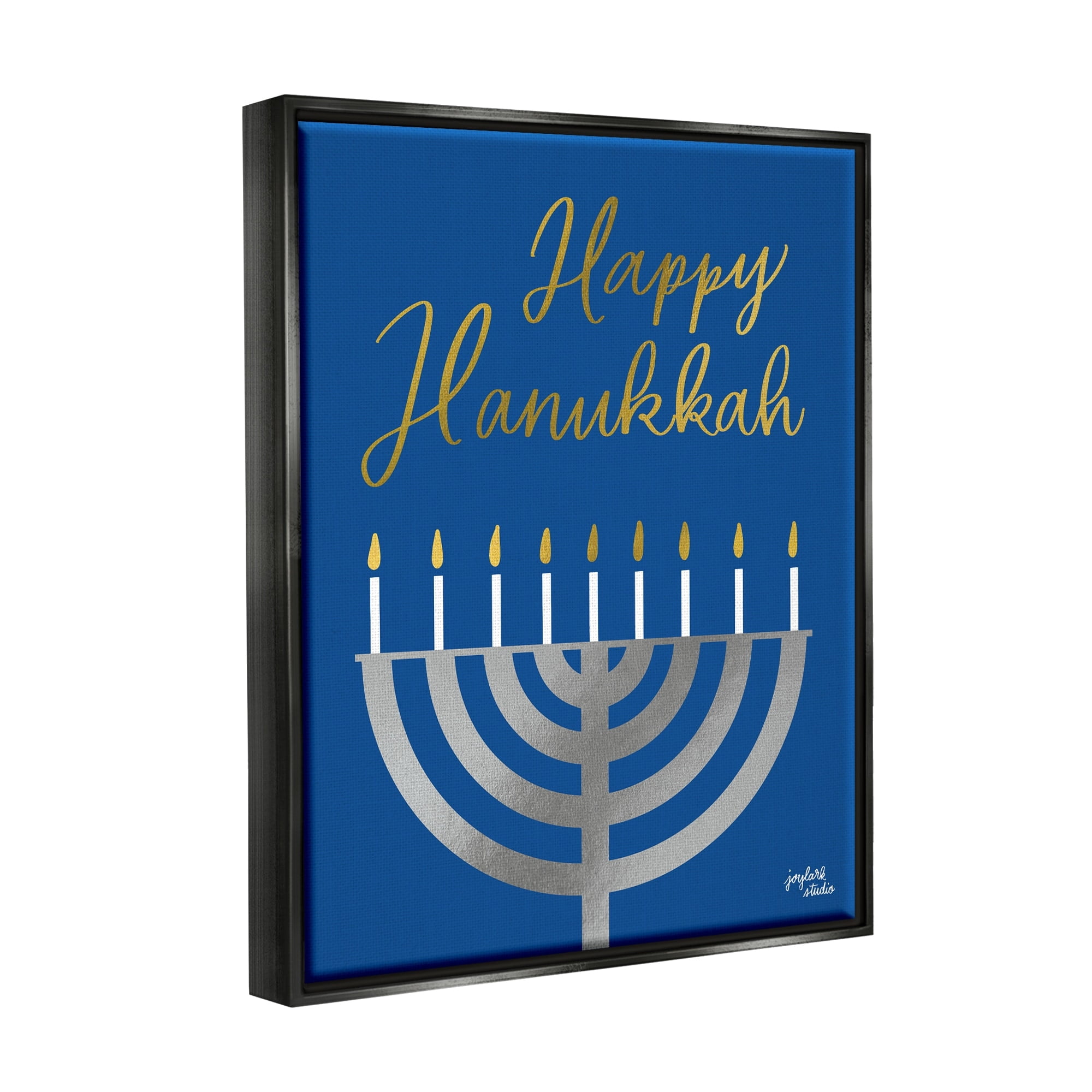 Stupell Industries Happy Hanukkah Calligraphy Radiant Lit Candles Menorah Graphic Art Luster Gray Floating Framed Canvas Print Wall Art, Design by Jess Baskin