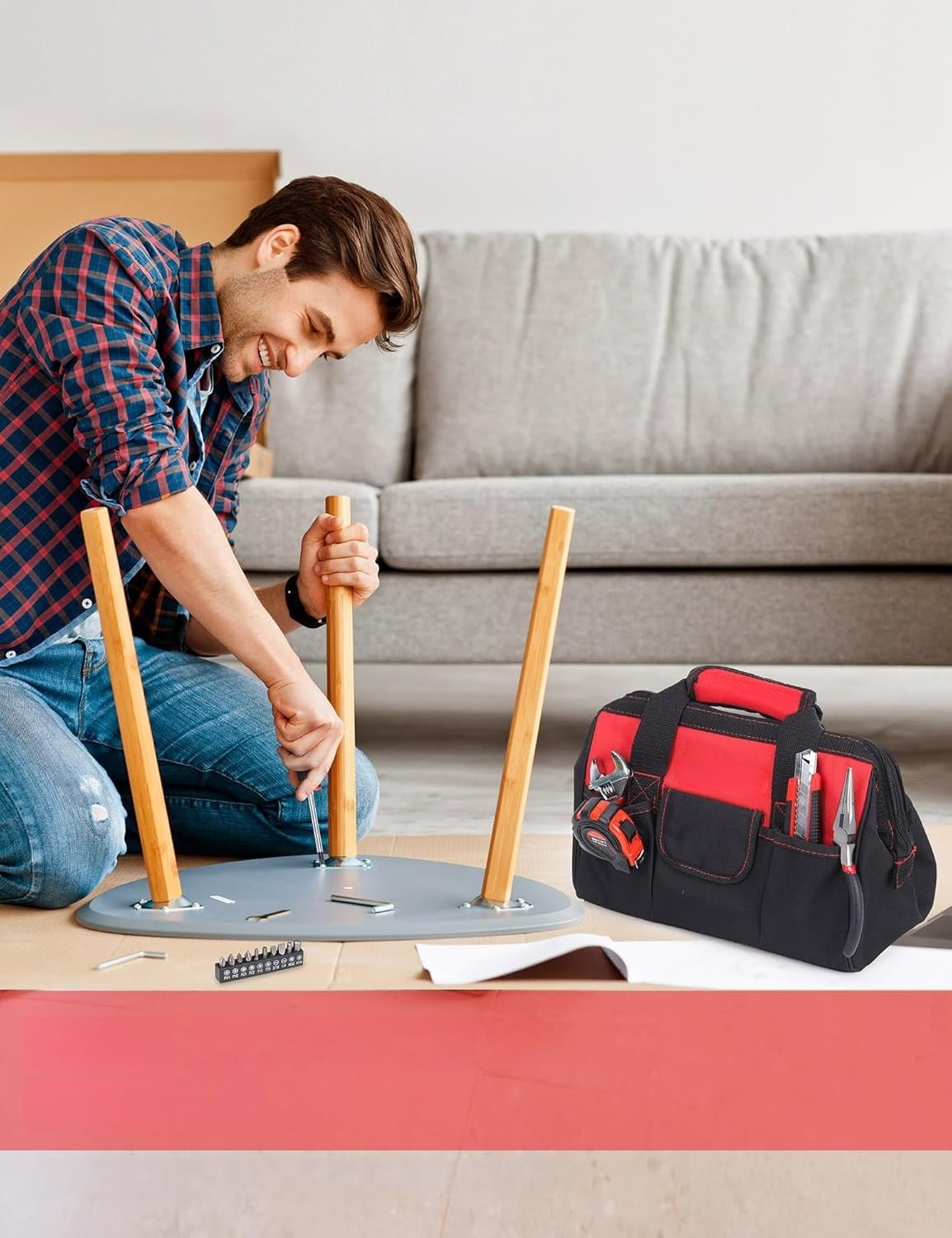215-Piece Home Repairing Tool Set with 12-Inch Wide Mouth Open Storage Bag,Household Hand Tool Kit,Red