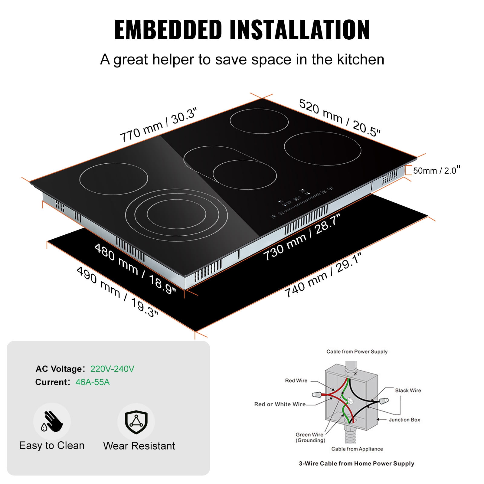 KFFKFF Built-in Electric Cooktop, 30.3 x 20.5 inch with 5 Heating Zones, 240V Glass Radiant Surface featuring Touch Controls, Timer Function, Child Safety Lock, and 9 Adjustable Power Settings