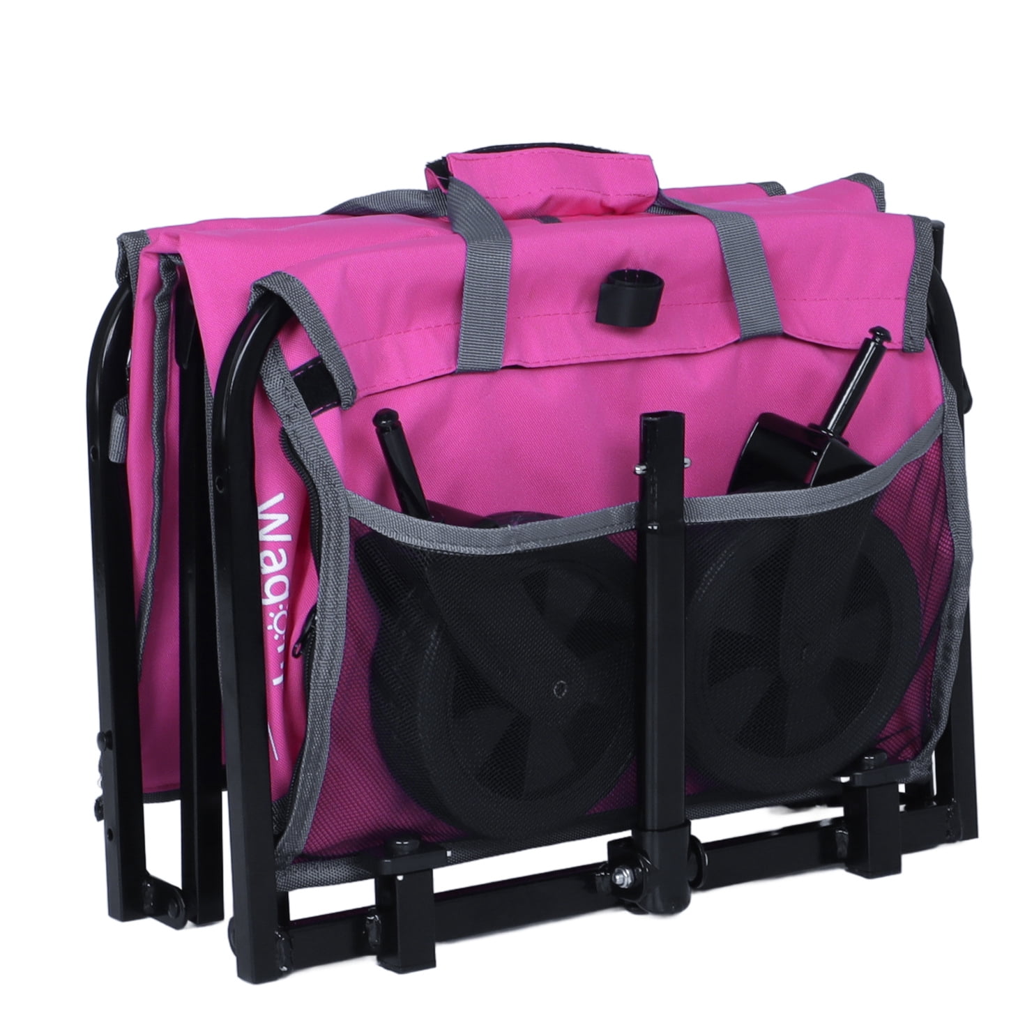 All-in-One Convertible Folding Wagon Cart with Bench Seat and Dog Leash, Heavy Duty Utility Trolley with All Terrain Wheels, Lightweight Shopping Cart for Beach, Garden, Camping, Sport, Pink
