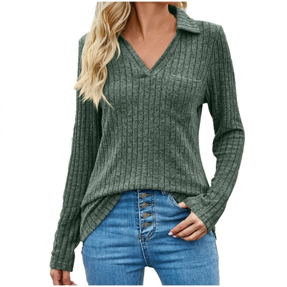Plus Size Womens Winter Clothes Clearance Sale Women's 2024 Fall Lapel Collar V Neck Long Sleeve Ribbed Knit Comfy Loose Casual Pullover Sweater Jumper Top
