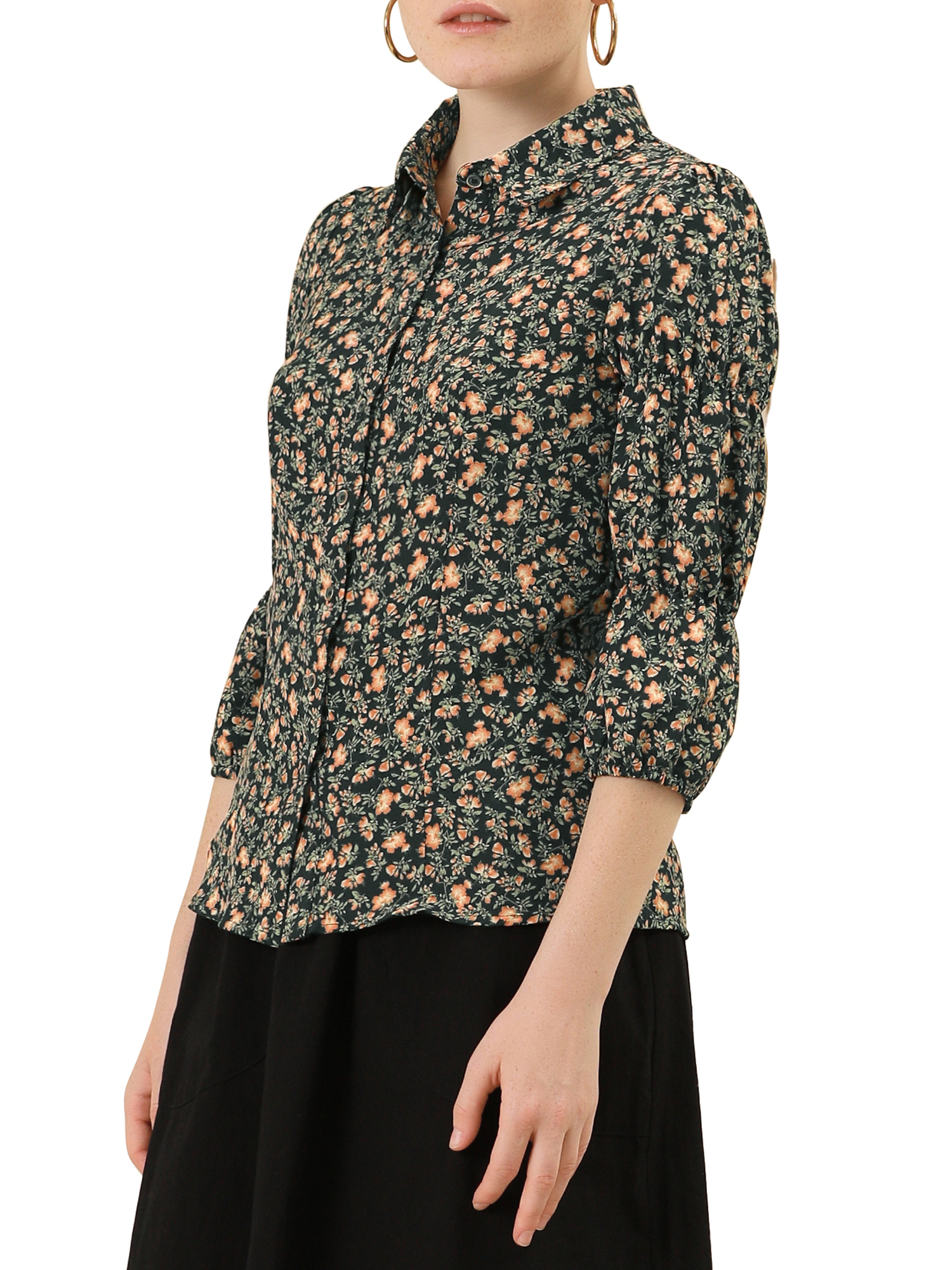 MODA NOVA Junior's Puff 3/4 Sleeves Button Up Peasant Floral Shirts - image 4 of 5