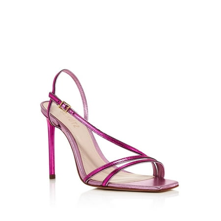 

SCHUTZ Womens Pink Metallic Padded Adjustable Asymmetrical Strappy Luna Square Toe Stiletto Buckle Leather Dress Heeled Sandal 5 B