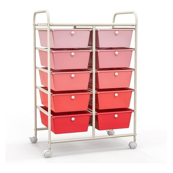 Rolling Storage Cart 10 Drawers, Gradient Pink Organizer Cart with Lockable Wheels