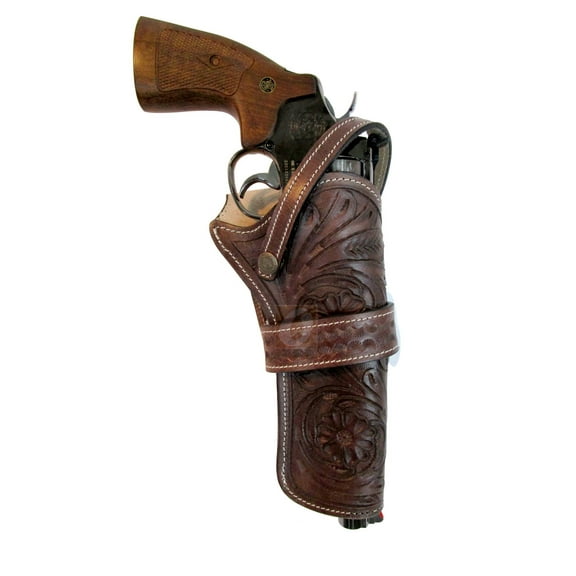 Leather Holster Floral Tooled Long Barrel Gun Brown Color - Right Handed