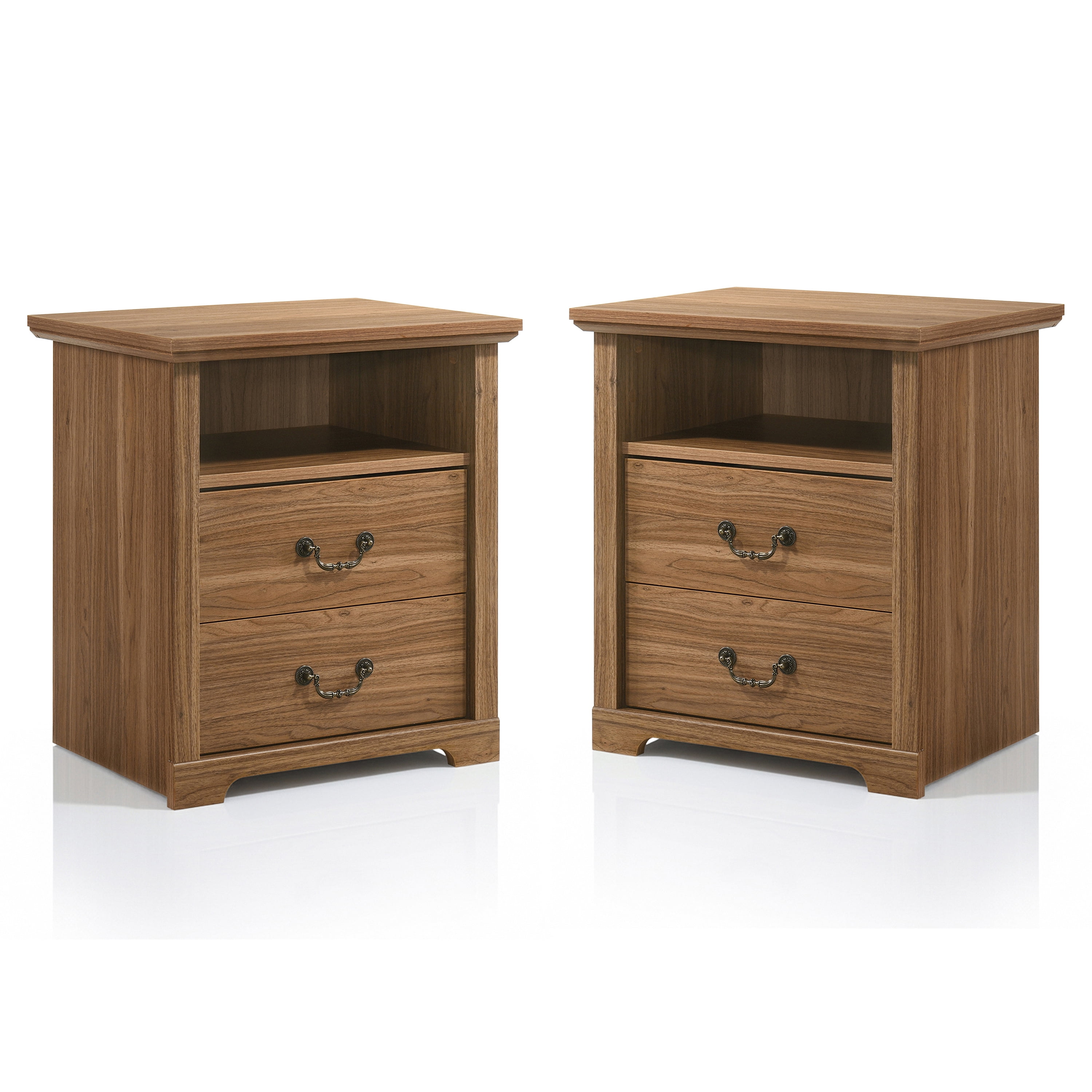 Furniture of America Chara Modern Wood 2-Drawer Kids Nightstands with Open Top Shelf, Set of 2, Walnut