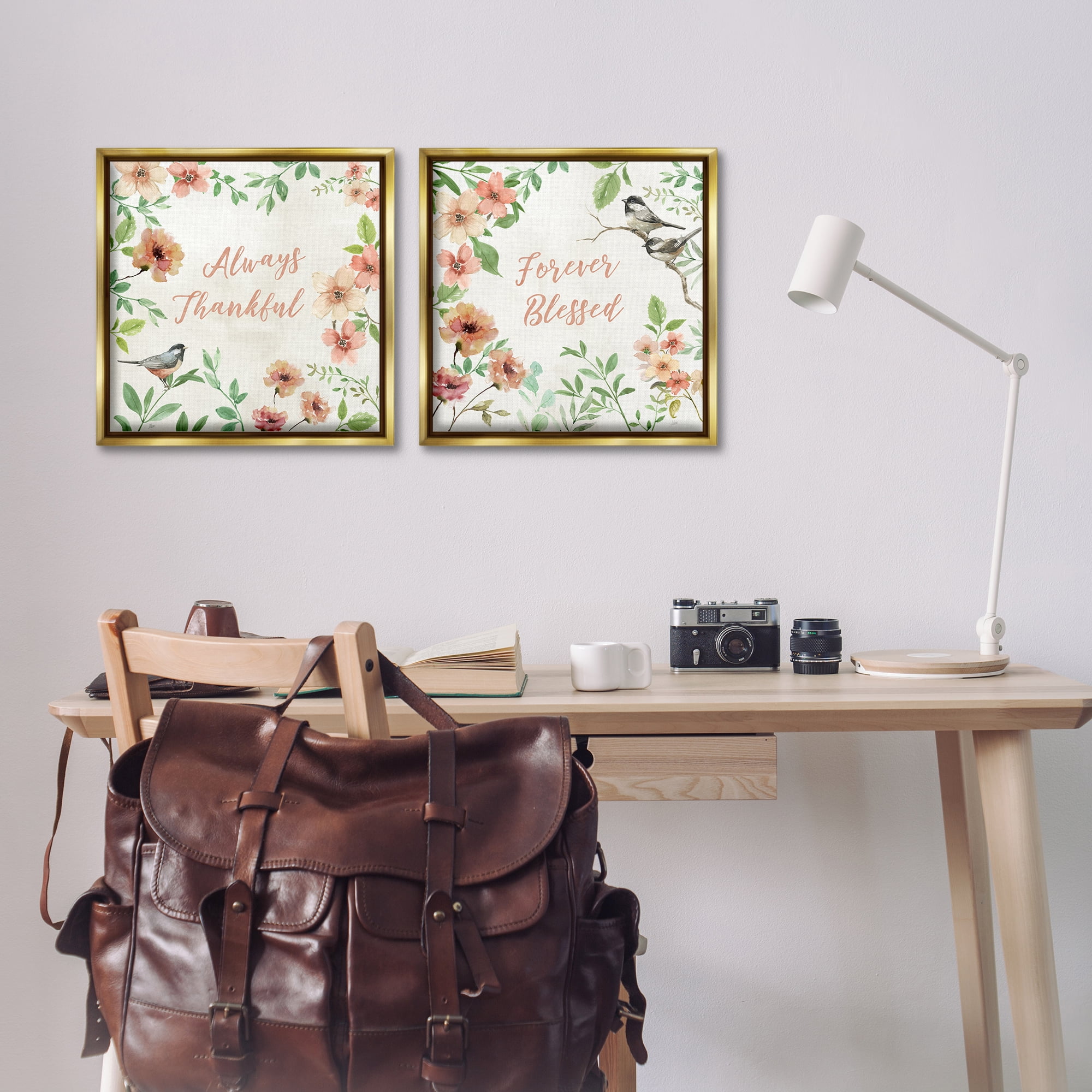 Stupell Industries Always Forever Bird Plants & Flowers Painting Gold Floater Framed Canvas Art Print Wall Art, 18 x 18, Set of 2