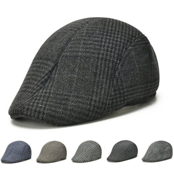 rygai Men Beret Plaid Peaked Dome Short Brim Sweat Absorption Vintage Windproof Sun Protection Painter Hat Streetwear,Grey