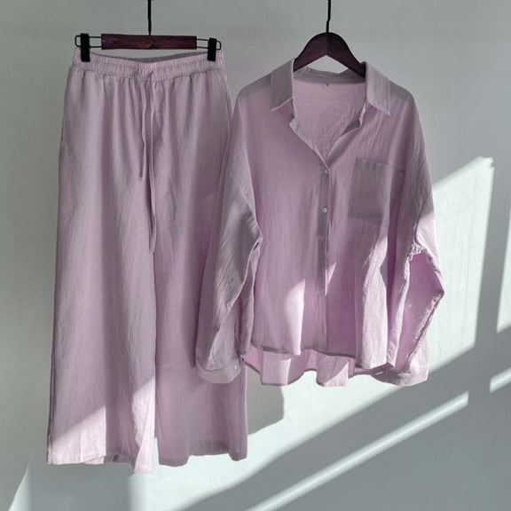 Two Piece Set Women Summer Outfits for Women 2 Piece Set 2 Piece Pants Set for Women Linen 2 Piece Set for Women Casual Outfits for Women 2 Piece Sets Long-Sleeved Lapel Shirt Shorts Casual Suit