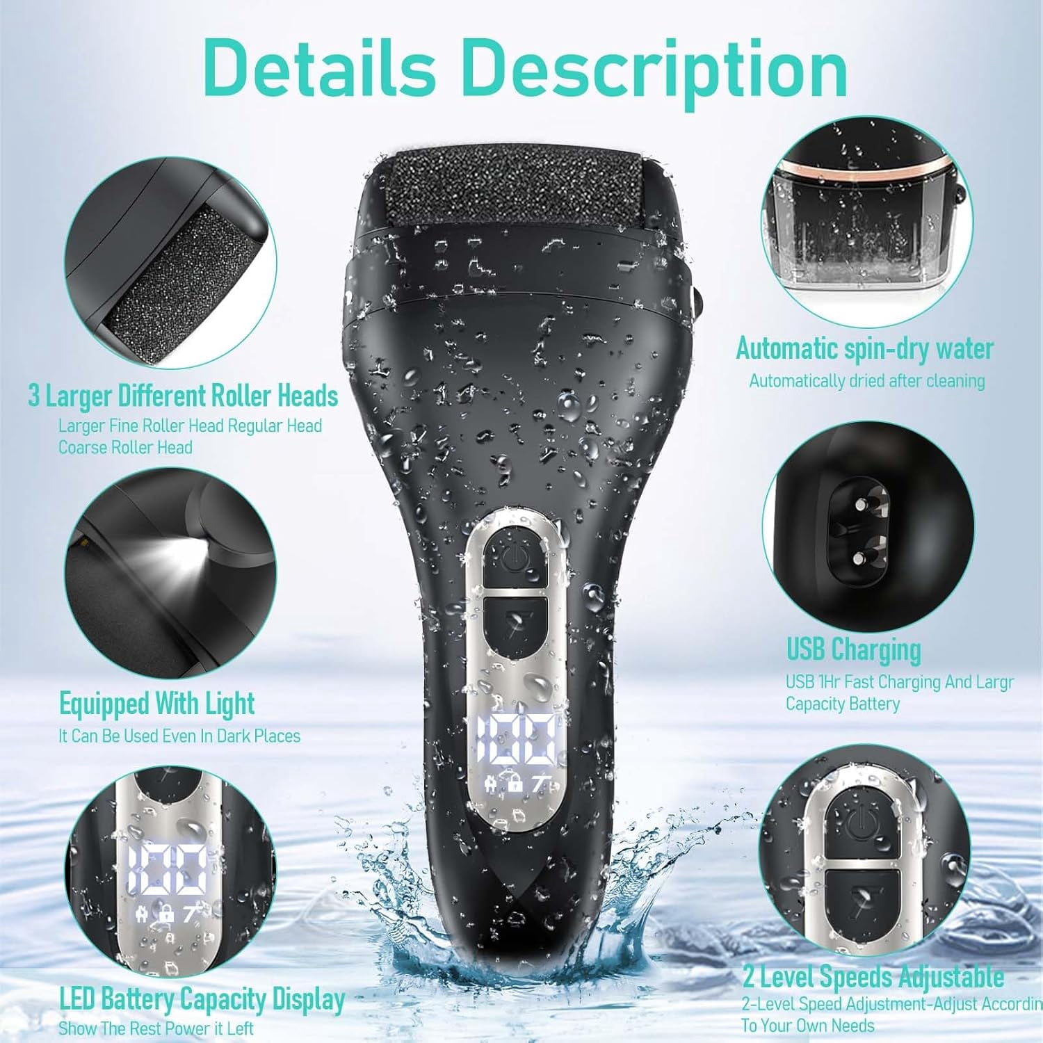 Aorsher Portable Pedicure Kit for Feet, Electric Foot File Callus Remover with Larger Grinding Head and LCD Display, Rechargeable Waterproof File Callus Remover, Black