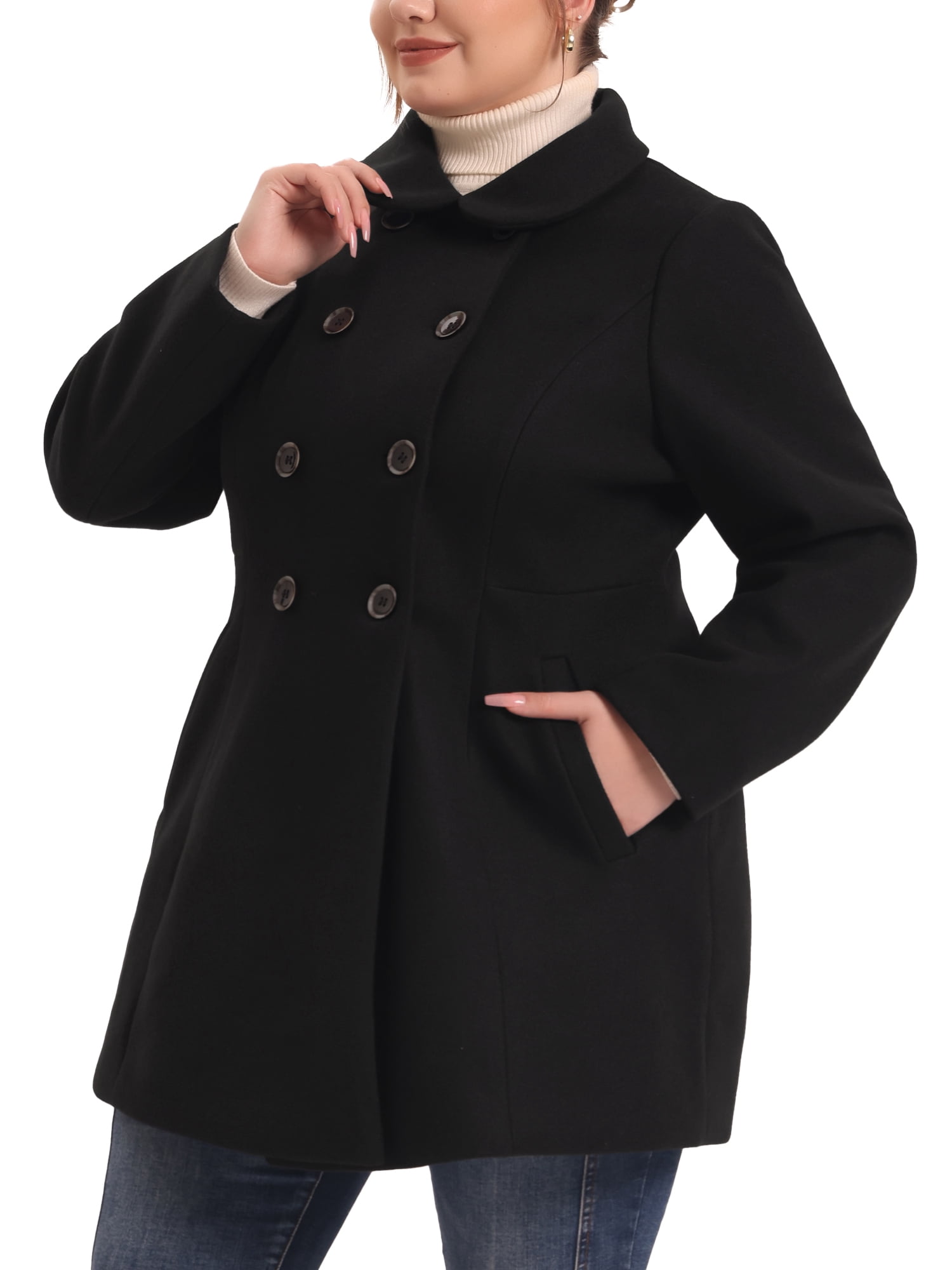 Unique Bargains Women's Plus Peter Pan Collar Double Breasted Winter Long Outerwear Coats 1X Black