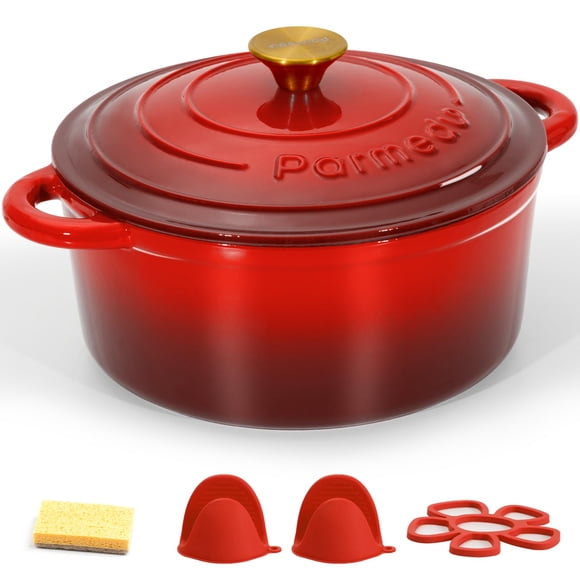 Parmedu Enameled Cast Iron Pot: 5.5 Quart Heavy Duty Dutch Oven with Lid and Dual Handles - Silicone Accessories and Sponge Inclu