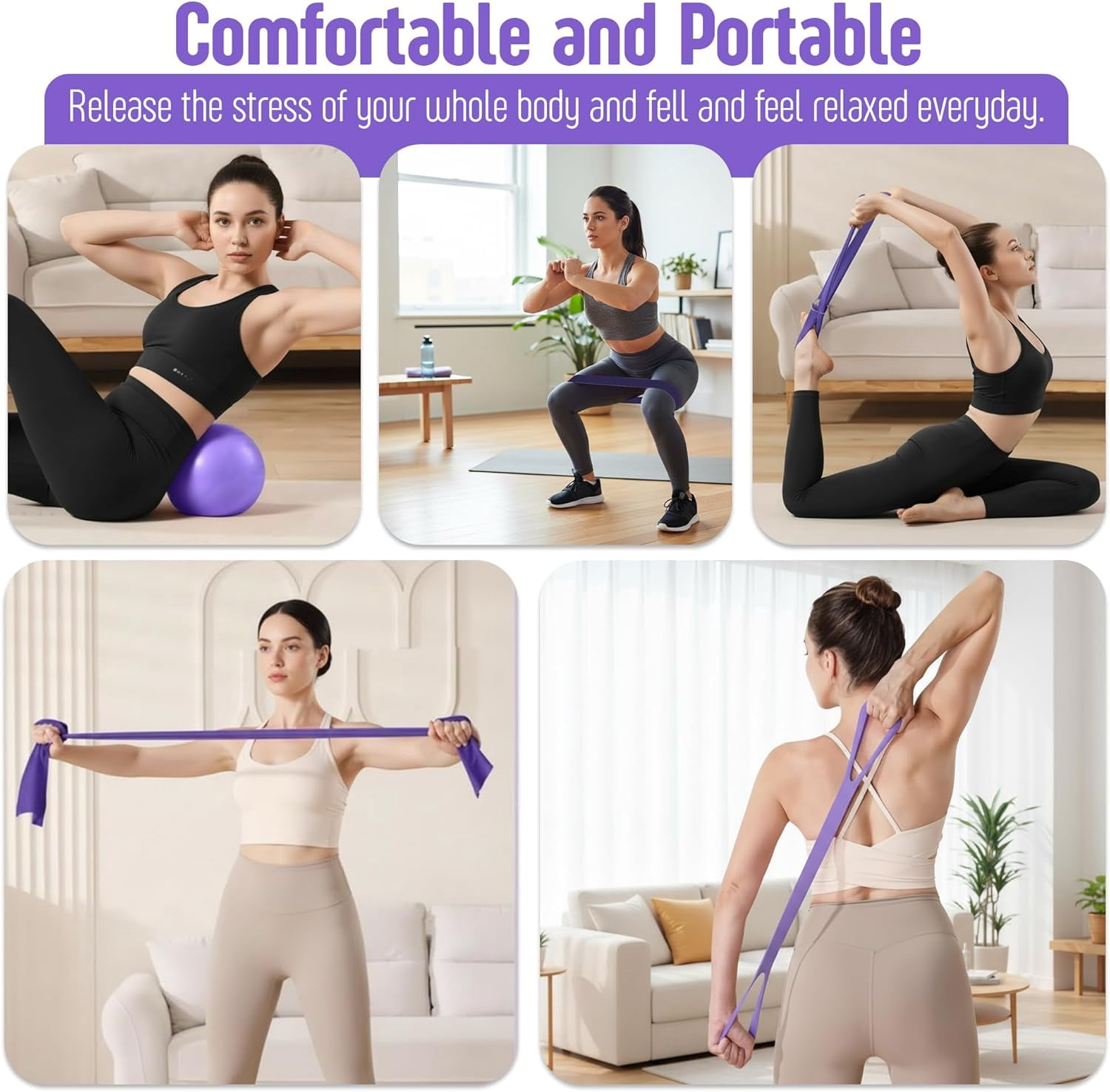 AMAVIK Pilates Kit 15-Piece Home Workout Set of 5 Resistance Bands Pilates Ring and Ball Set with Accessories-A Complete Pilates Set for Women to Improve Strength, Flexibility and Balance Body-Purple