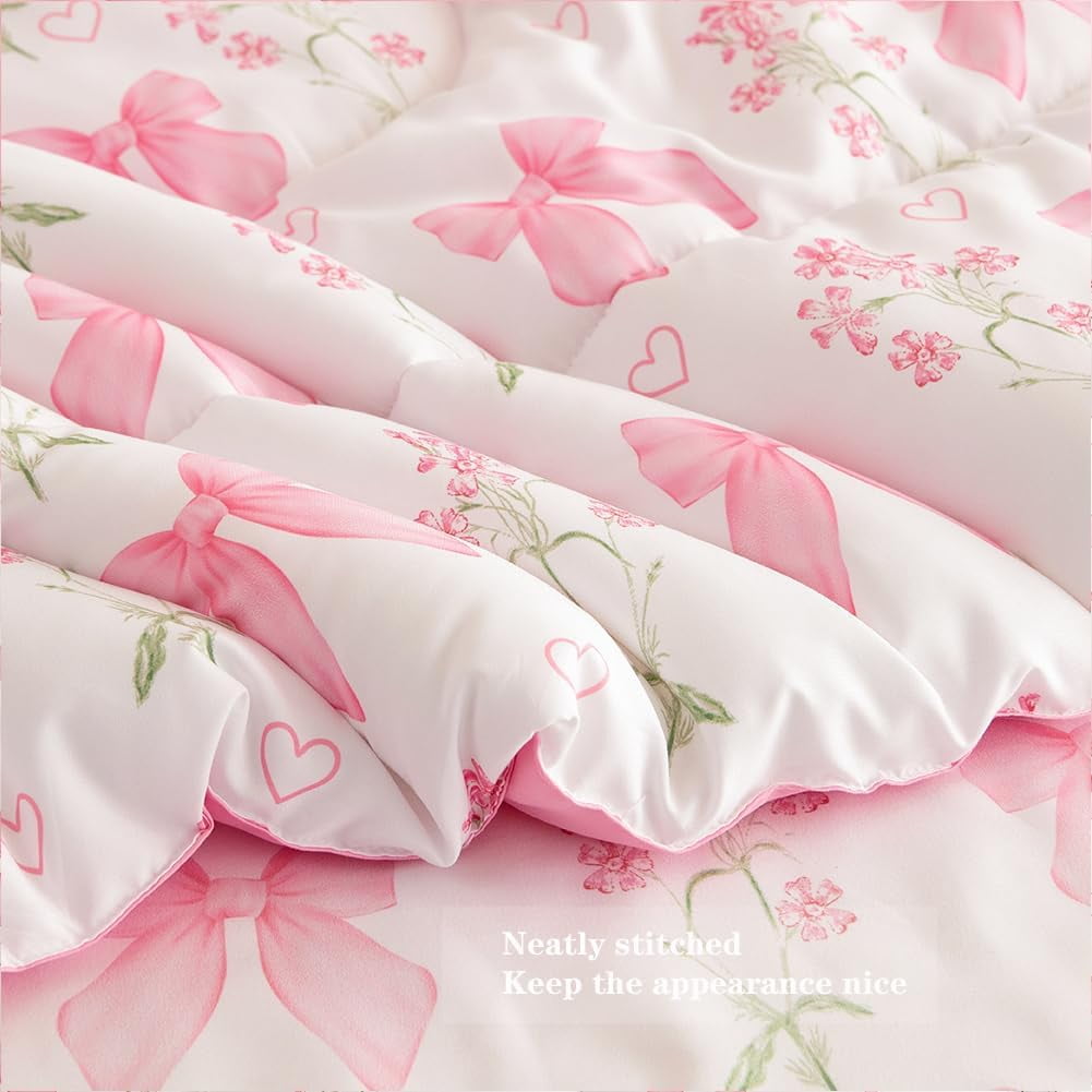 JOLUSERE Pink Bowknot Girls Comforter Set Twin Size, 3 Pieces Bows Princess Style Bedding Set for Girls for All Season