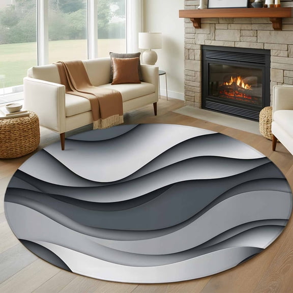 Black Gray Ombre Round Area Rug 5 FT, Non Slip Bedroom Area Rug, Modern Abstract Moire Art Geometric Washable Soft Circular Carpet Non-Shedding Floor Mat for Kitchen Dining Room Foyer Balcony Dorm