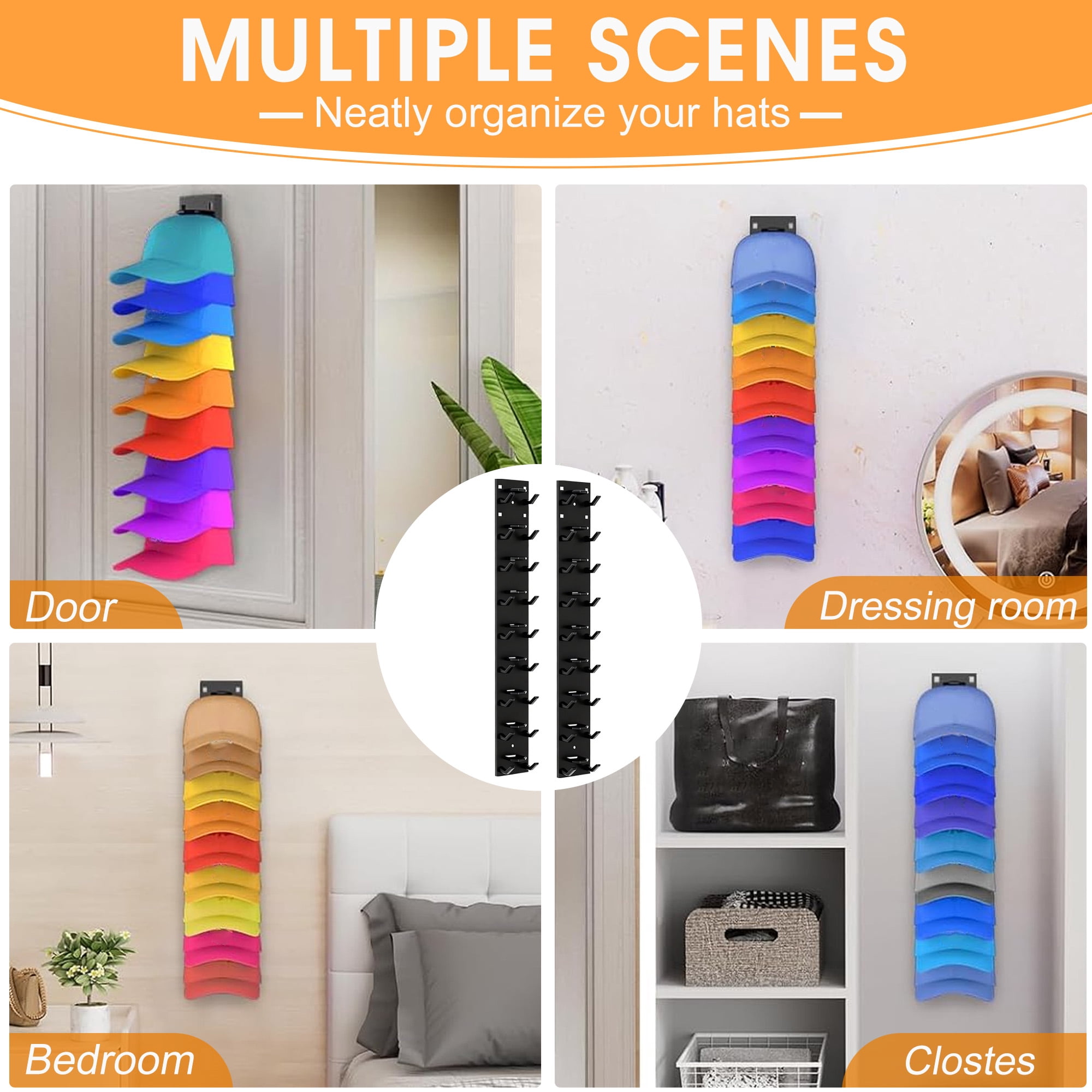 2 Pack Hat Organizer, Hat Rack for Baseball Caps, Multilayer Hat Storage Display Holder, Strong Adhesive Hat Storage Rack for Wall, Hat Rack Hold up to 18 Hats for Closet Door and Bedroom (Black)
