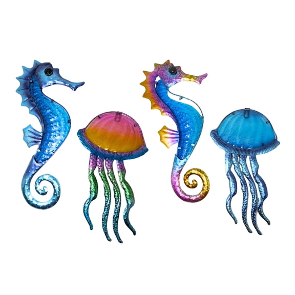 Jellyfish & Seahorse Metal Wall Art – 4-Piece Ocean Decor for Home, Patio, Bar, or Bathroom – Nautical Beach Theme Hanging Set for Indoor/Outdoor Use – Great Coastal Gift for Sea Lovers