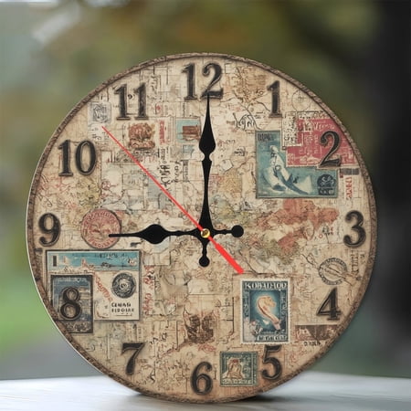10-Inch Silent Wooden Wall Clock, Vintage World Map Collage Wall Clock Home Decor Silent Non-Ticking Clock, Battery Operated (AA Batteries Not Included), Artistic Home Decor