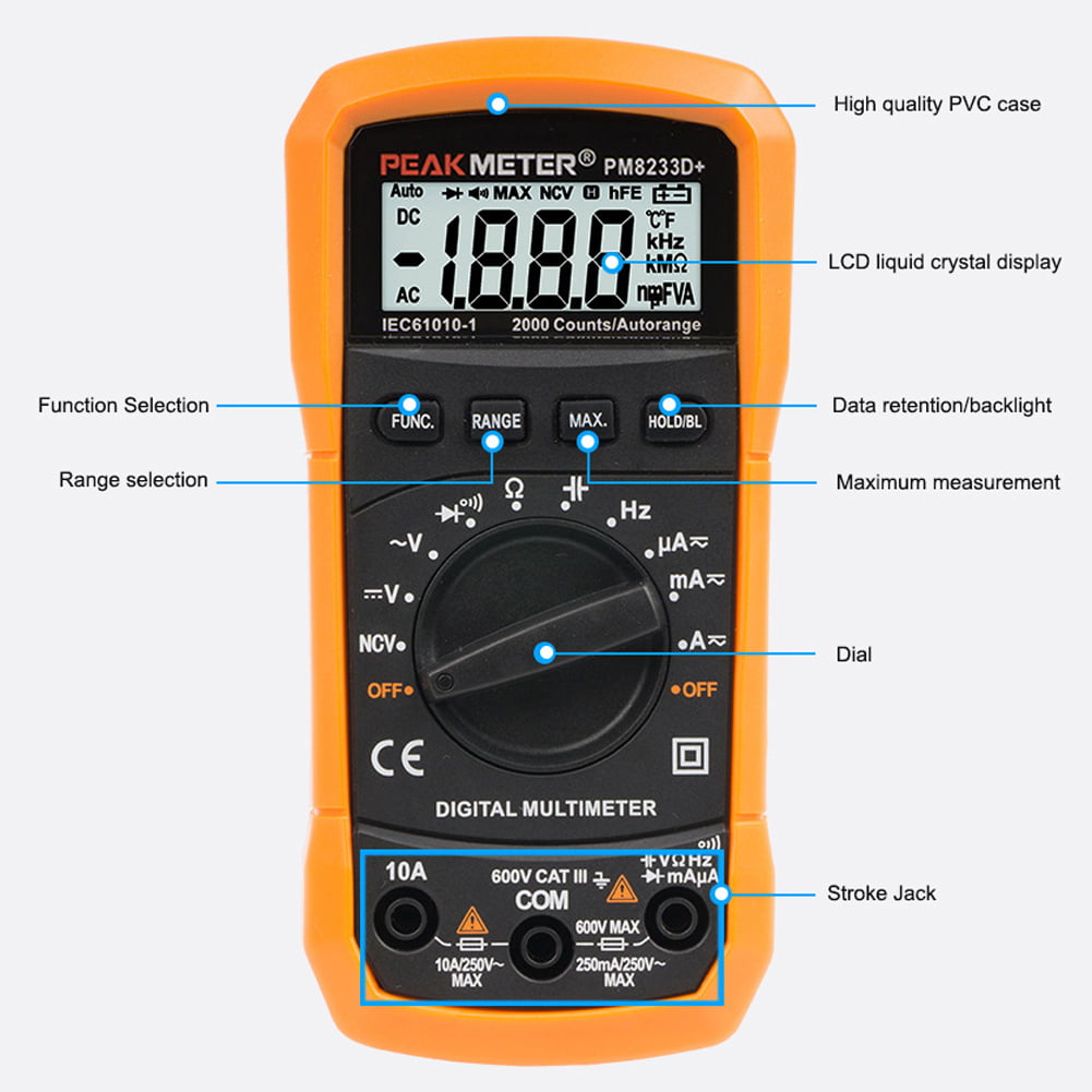 S28esong Auto Ranging Digital Multimeter PM8233D LCD Display Diode Ammeter Voltage Tester for School Laboratory Factory and Other Social Fields 