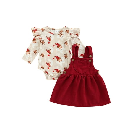

wybzd Baby Girls Christmas 2Pcs Outfit Fall Santa Print Ruffle Long Sleeves Romper and Corduroy Suspender Skirt Set 0-18 Months