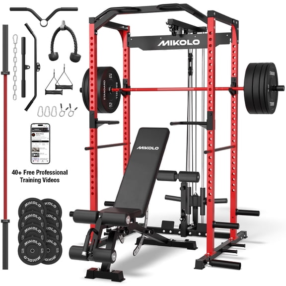 Mikolo Power Rack Cage, 1200LBS Weight Cage with 800LB Capacity Adjustable Weight Bench, 1500LB Capacity Barbell and 230LB Black Plate Set