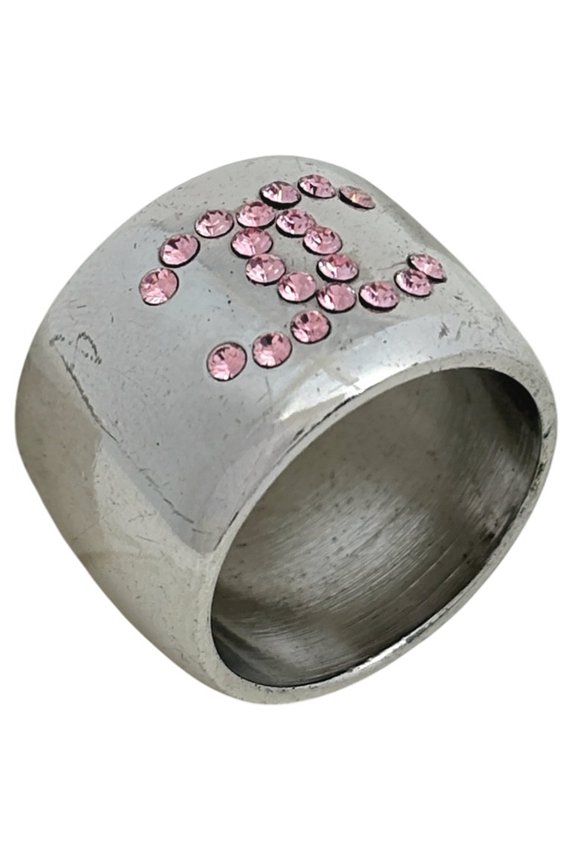 Pre-Owned CHANEL Coco Mark Rhinestone Heart Ring, Silver Plated, Women's
