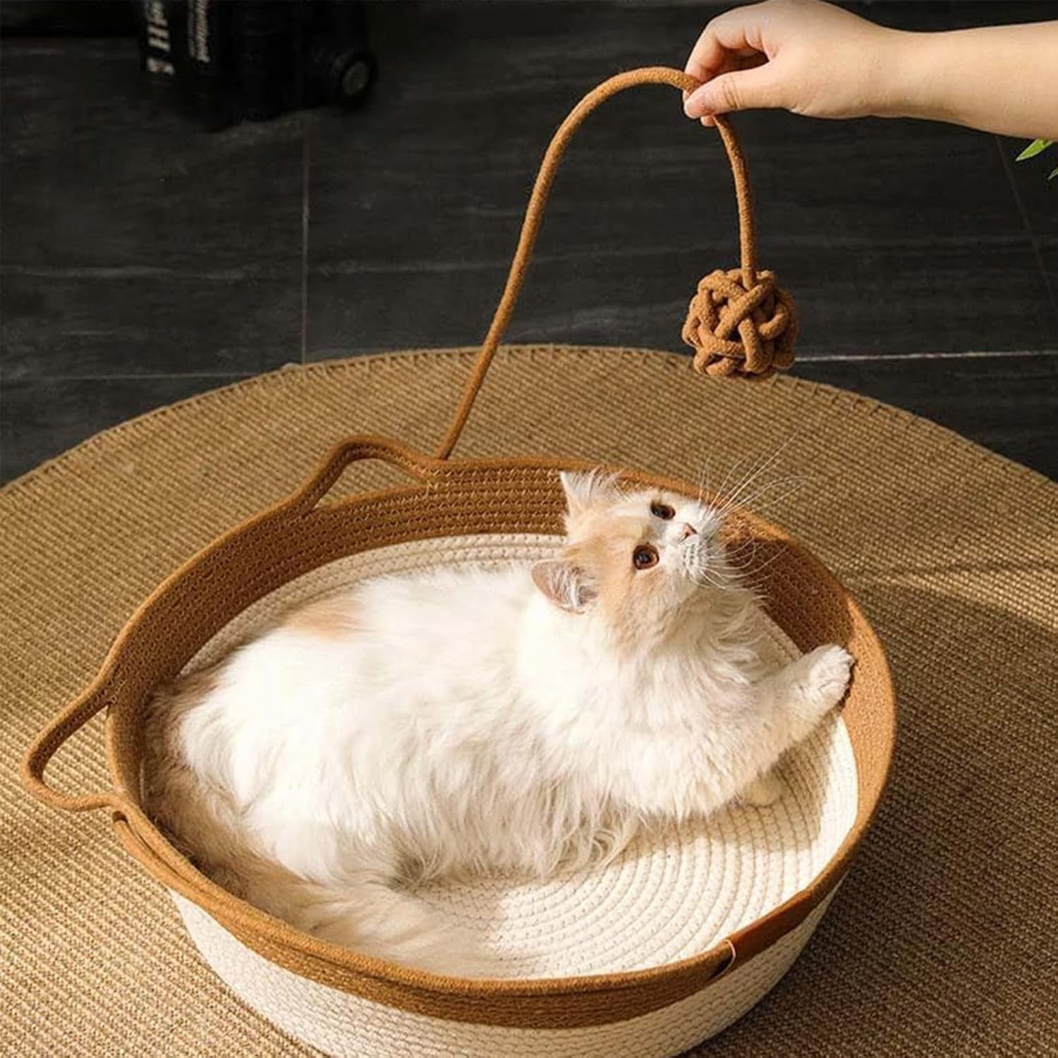 Cutypet Handmade Woven Cat Bed Basket with Removable Mat & Toy Ball – Breathable, Scratch-Resistant Pet Bed for Cats and Small Dogs, Easy to Clean
