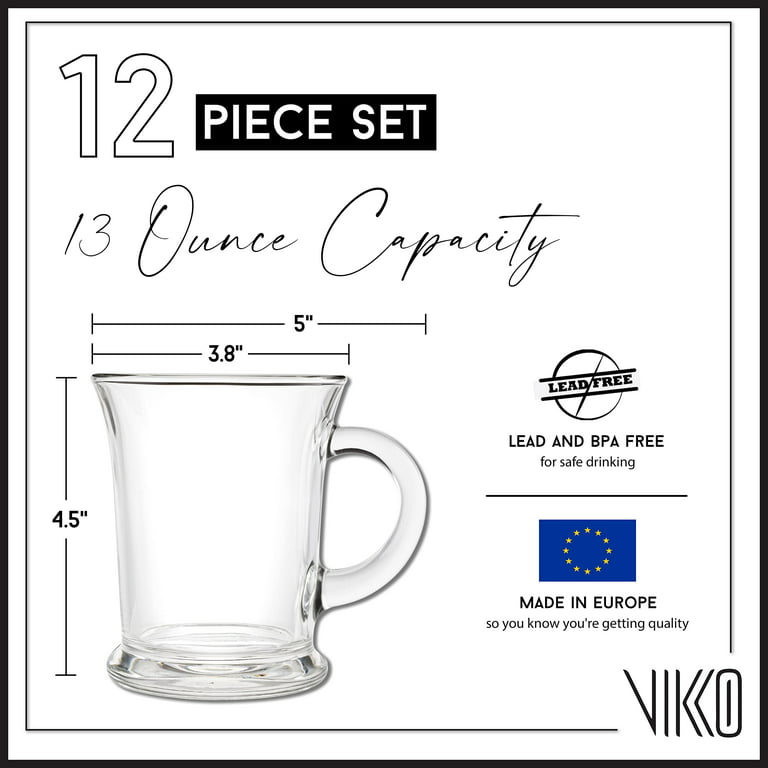 Vikko 10 Ounce Glass Coffee Mugs | Thick and Durable – for Coffee, Tea, Cider, etc. – Microwave and Dishwasher Safe – Set of 12 Clear Glass Mugs –