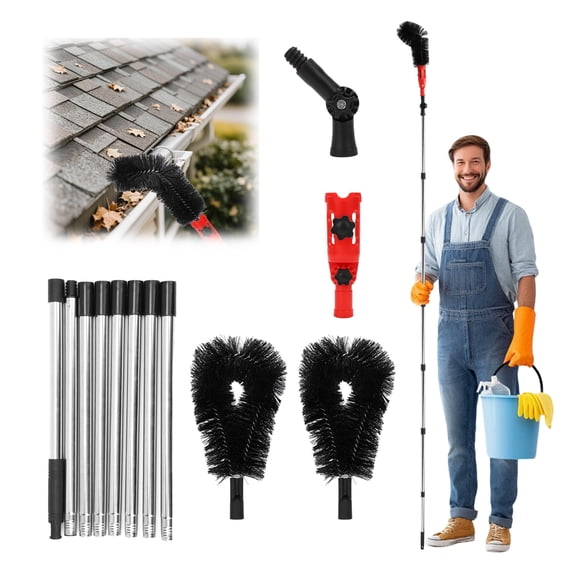 Dongyi 12FT Gutter Cleaning Tool - No Ladder Needed with 2 Brush Heads & Angle Adapters, Adjustable Long Reach Gutter Cleaner for Roof Leaf Debris Removal, RV & Home Use