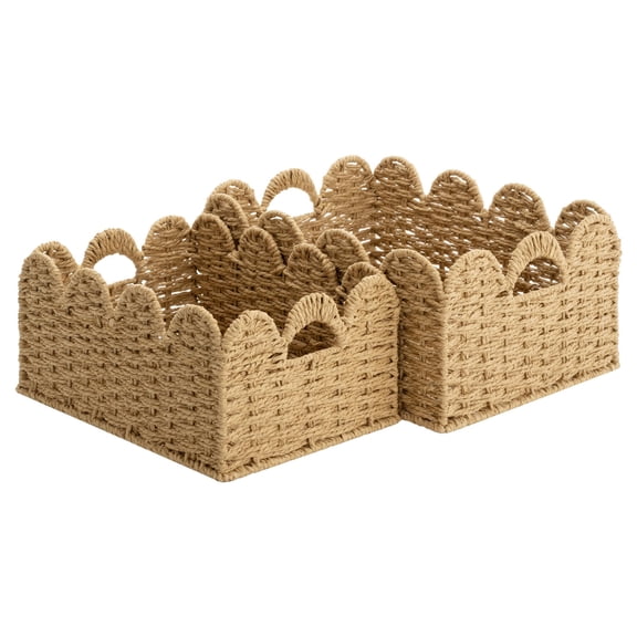 Works Scalloped Wicker Basket, Hand-woven Rattan Baskets with Built-in Handles, Seagrass Basket for Organizing and Decor, 2 Pack