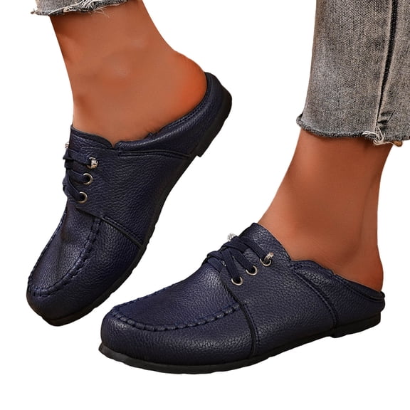 Women's Comfortable Leather Penny Loafers Casual Slip On Lightweight Walking Flats Driving Mocs Lace Up Boat Shoes Blue Size 9