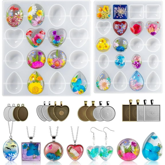 LET'S RESIN Cabochon Gems Resin Molds, 36 Cavities Thicker&Shiny UV Resin Molds Jewelry with 16 pcs Pendant Trays
