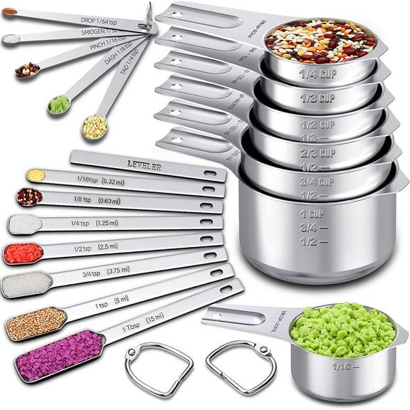 Measuring Cups and Spoons Set of 20, 7 Stainless Steel Nesting Measuring Cups & 7 Spoons, 1 Leveler & 5 Mini Measuring Spoons for Cooking & Baking