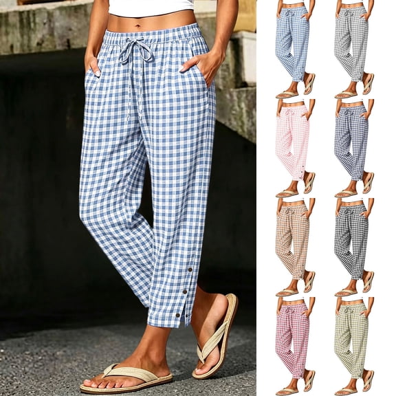 Women Summer Gingham Plaid Elastic Drawstring Waist Jogger Pants, Snap Button Loose Ankle Cropped Trousers with Side Pockets Beach Vacation Loungewear Casual Bottoms Blue XL(XL)