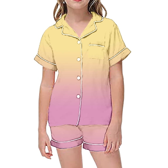 BOOMNY Toddler Girls 2 Peice Pajamas Sets Gradient Color Short Sleeve Buttons Sleepwear Tops Shorts Pjs Set for Kids Cozy Loungewear Homewear