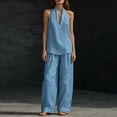 thumbnail image 4 of Cotton Linen 2 Piece Sets for Women Sleeveless V Neck Halter Top Matching Baggy Wide Leg Pants Outfit Solid Color Outfit Trendy 2026 Breathable Summer Travel Casual Outfits Tracksuit,Sky Blue M, 4 of 5