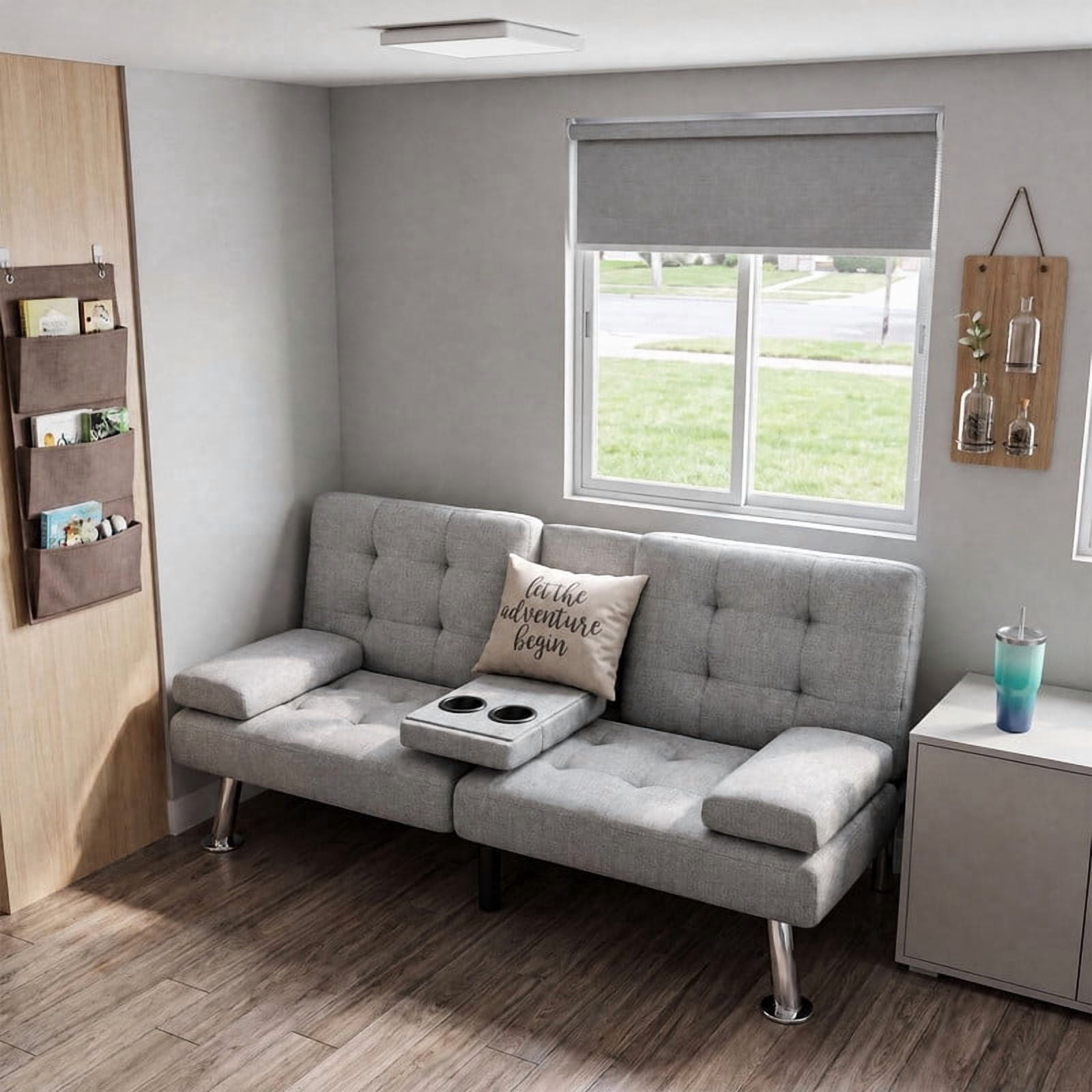 Lacoo Futon Sofa Bed, Linen Convertible Couch Sleeper Sofa, Cup Holders, Small Spaces,Gray
