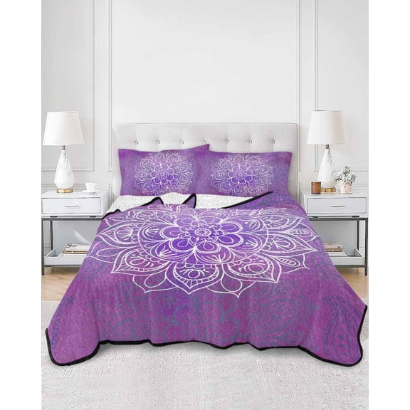 Quilts Full Size, Boho Floral Soft Comforter Bedding Set for Bed, Purple Flowers Vintage Bohemian Watercolor Lightweight Quilted Bedspread with Pillow Cover(2 Pieces) for All Season, 78x90 Inch