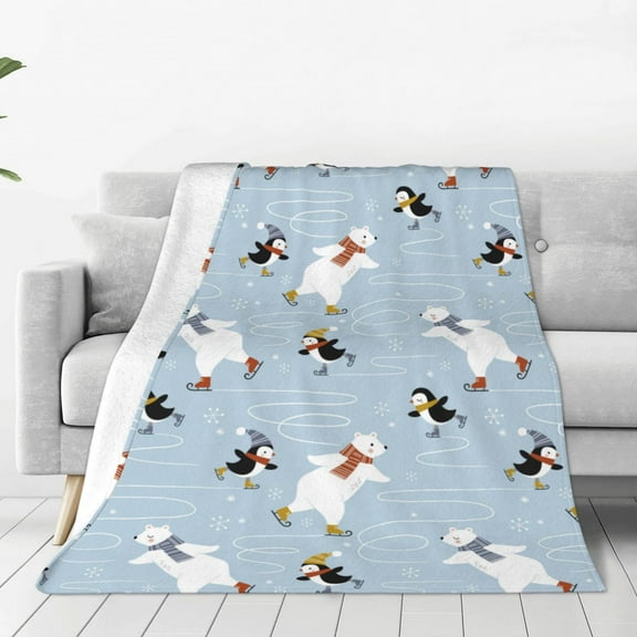 Honeii Skiing penguin Bear Print Fleece Blanket - Throw Blanket for Bed, Sofa, Couch, Camping, and Travel , Microplush Ultra Soft Warm Blanket-40"x30"